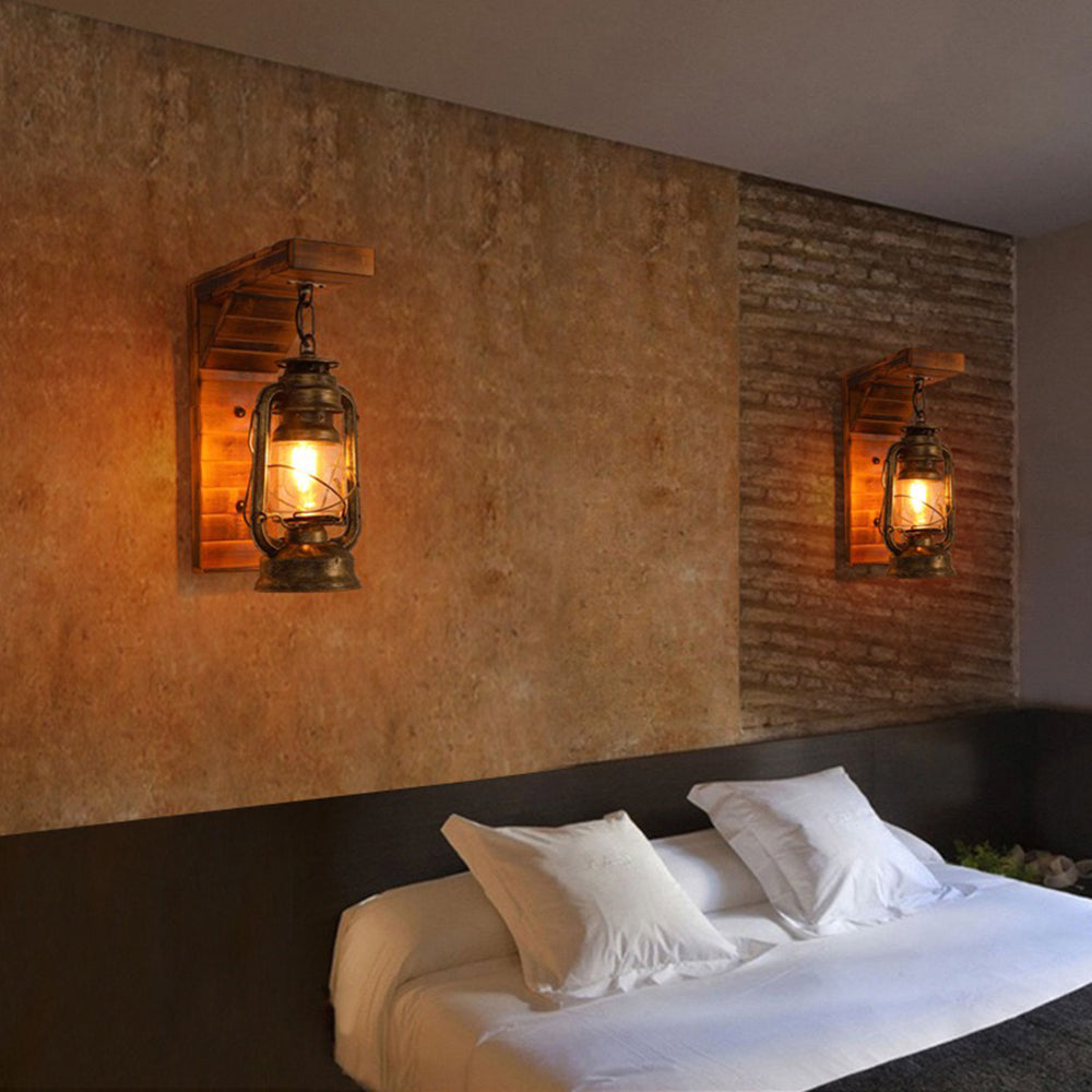 Lyros Rustic Wooden Lantern Wall Sconce