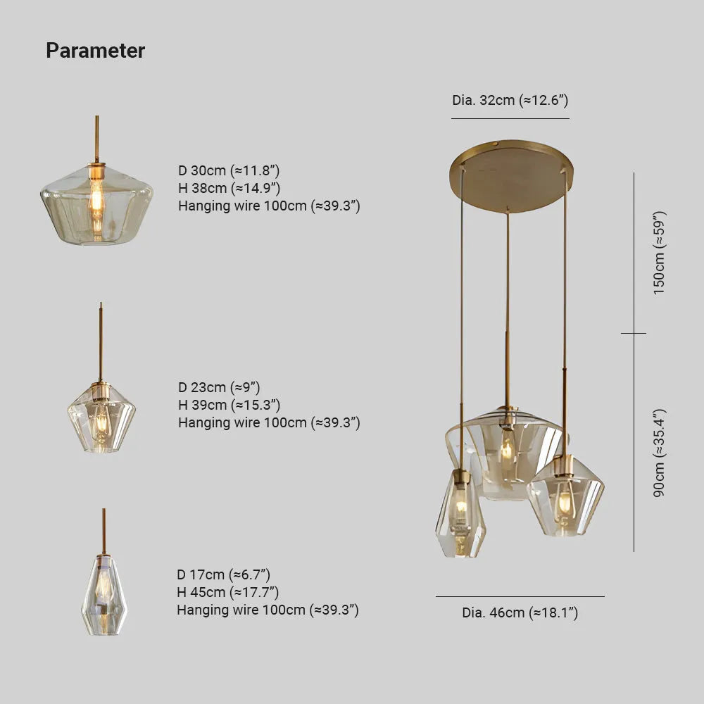 June Diamond-Shaped Glass Pendant Light, Clear/Amber