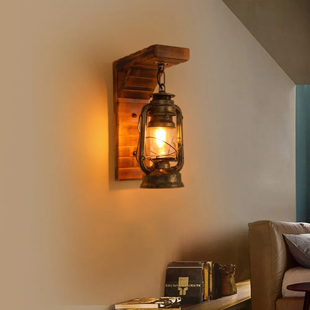 Lyros Rustic Wooden Lantern Wall Sconce