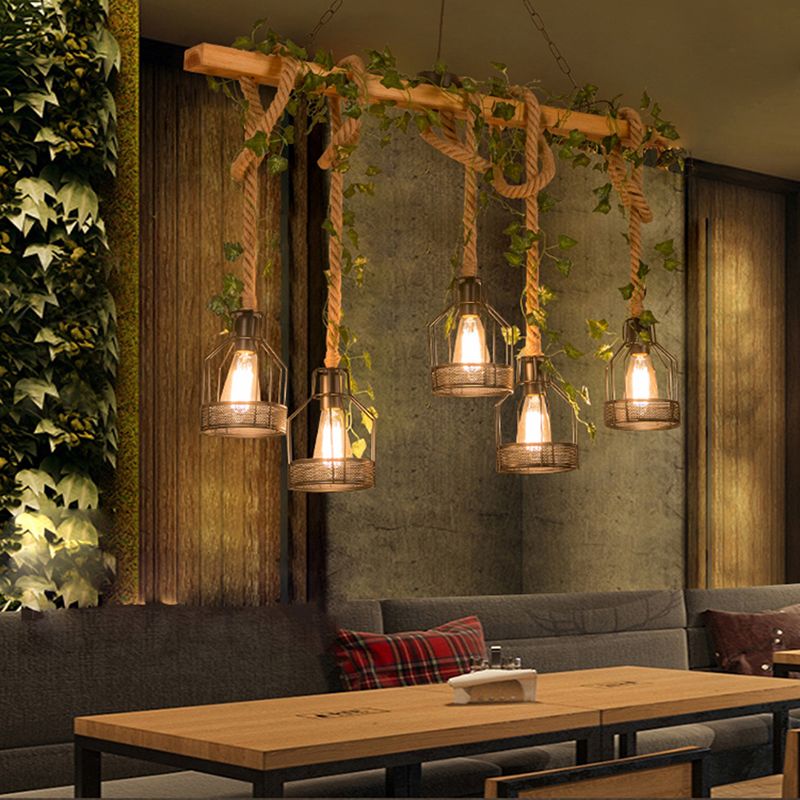 Epoch Vintage Farmhouse Caged Wood Beam Pendant Light, 3- or 5-Light
