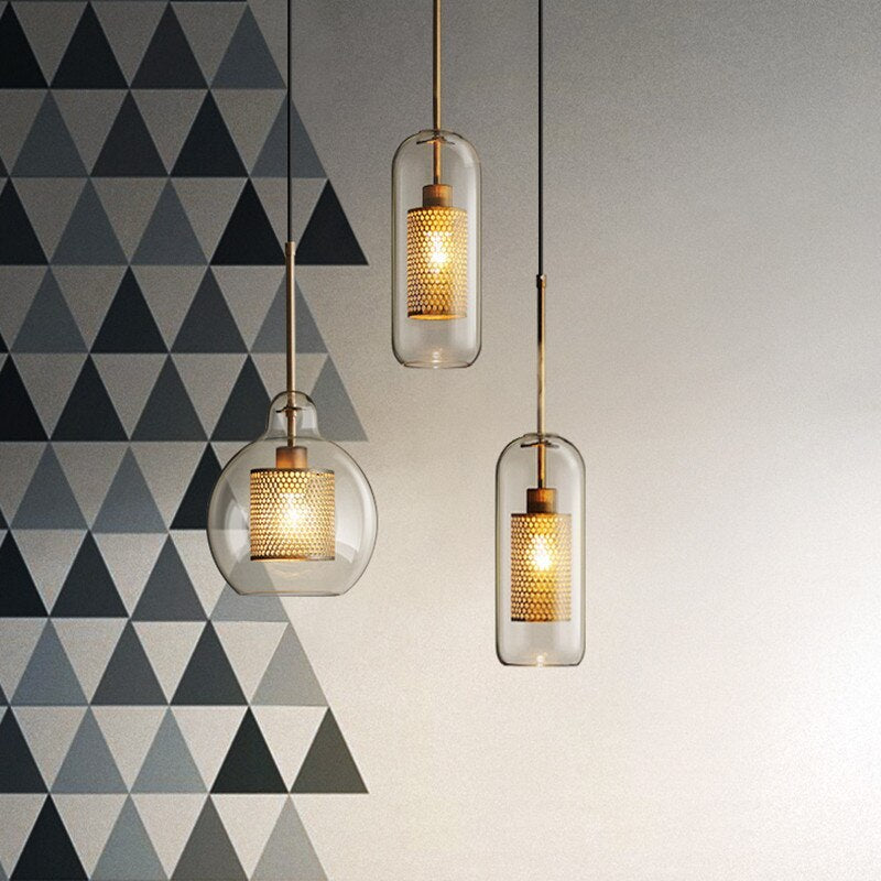 Hessa Contemporary Gold Glass Pendant Light with Globe or Cylinder Shade