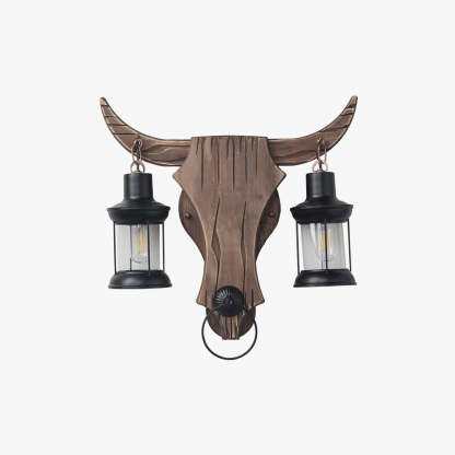 Austin Vintage Bull‑Shaped 2‑Light Wall Sconce, Wood & Metal Bedroom Lamp