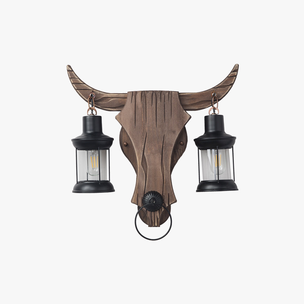 Austin Vintage Bull‑Shaped 2‑Light Wall Sconce, Wood & Metal Bedroom Lamp