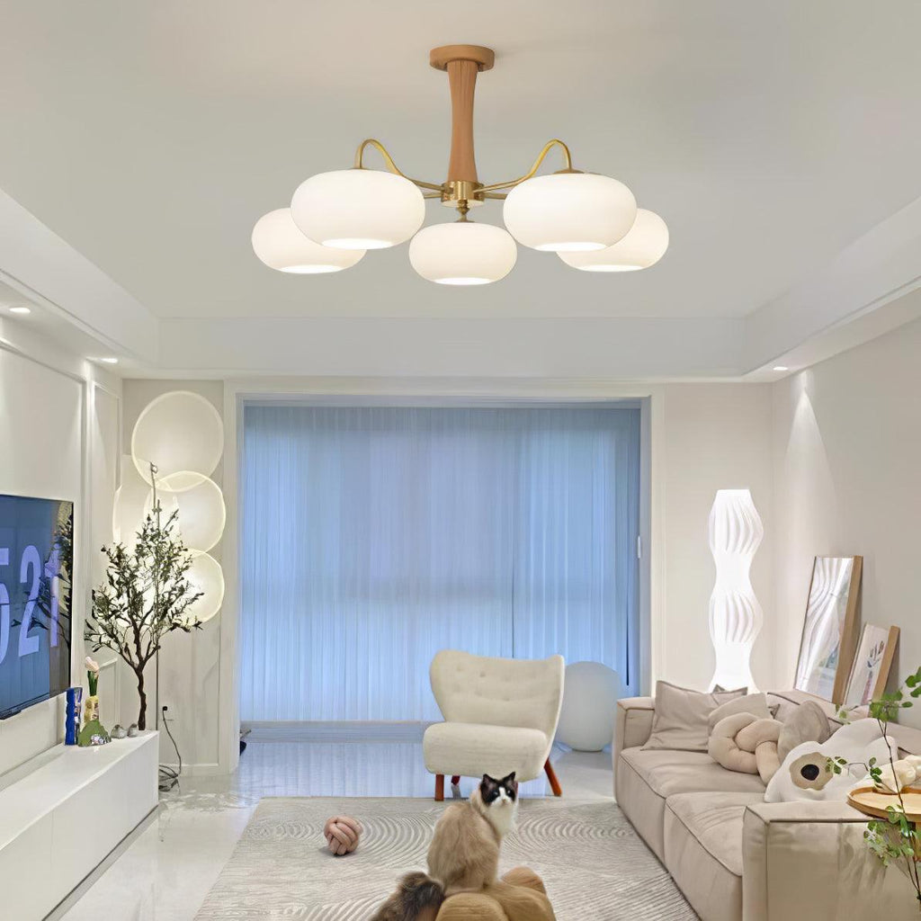Candy Chandelier in Brass, Wood, and Persimmon Glass
