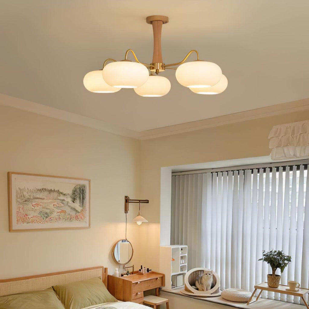 Candy Chandelier in Brass, Wood, and Persimmon Glass