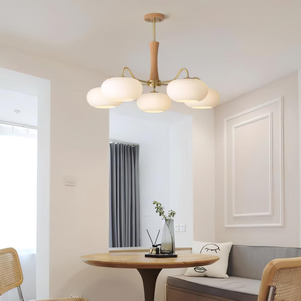 Candy Chandelier in Brass, Wood, and Persimmon Glass
