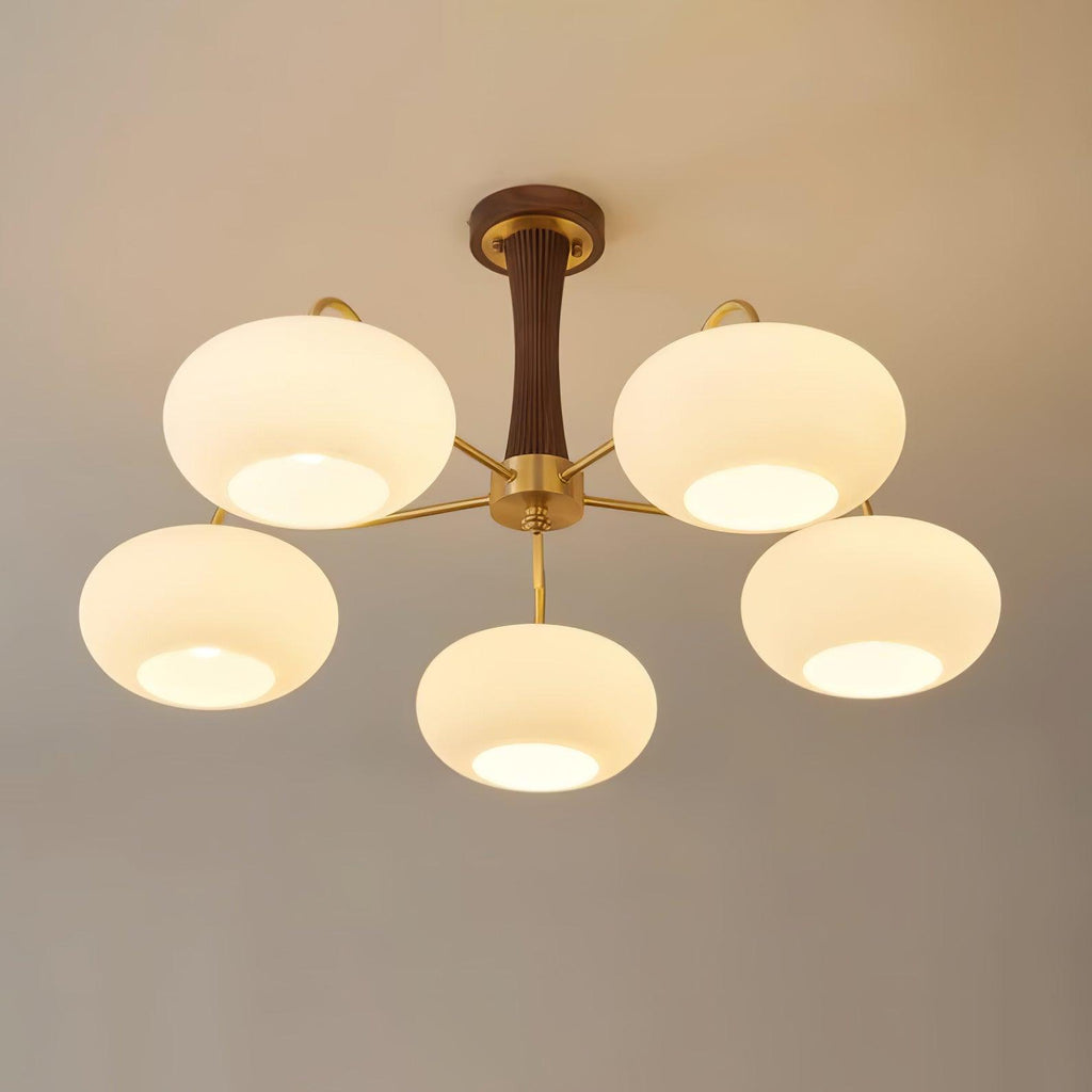 Candy Chandelier in Brass, Wood, and Persimmon Glass