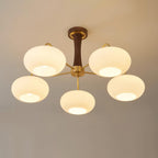 Candy Chandelier in Brass, Wood, and Persimmon Glass