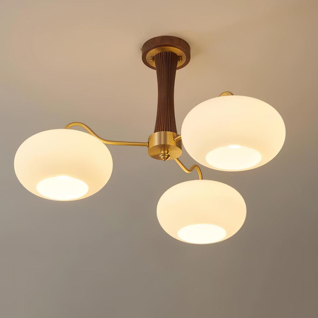 Candy Chandelier in Brass, Wood, and Persimmon Glass