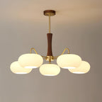 Candy Chandelier in Brass, Wood, and Persimmon Glass