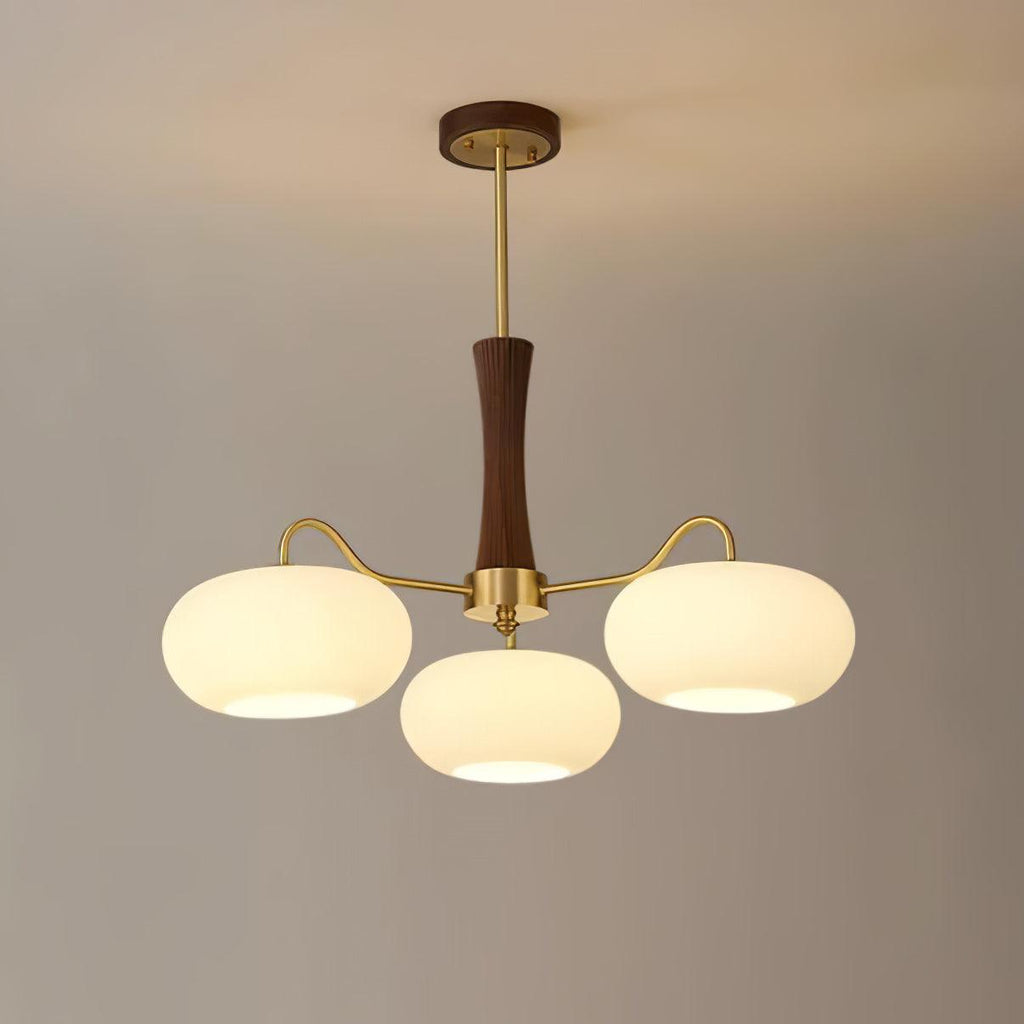 Candy Chandelier in Brass, Wood, and Persimmon Glass