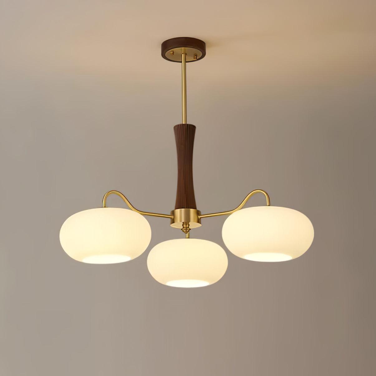 Candy Chandelier in Brass, Wood, and Persimmon Glass