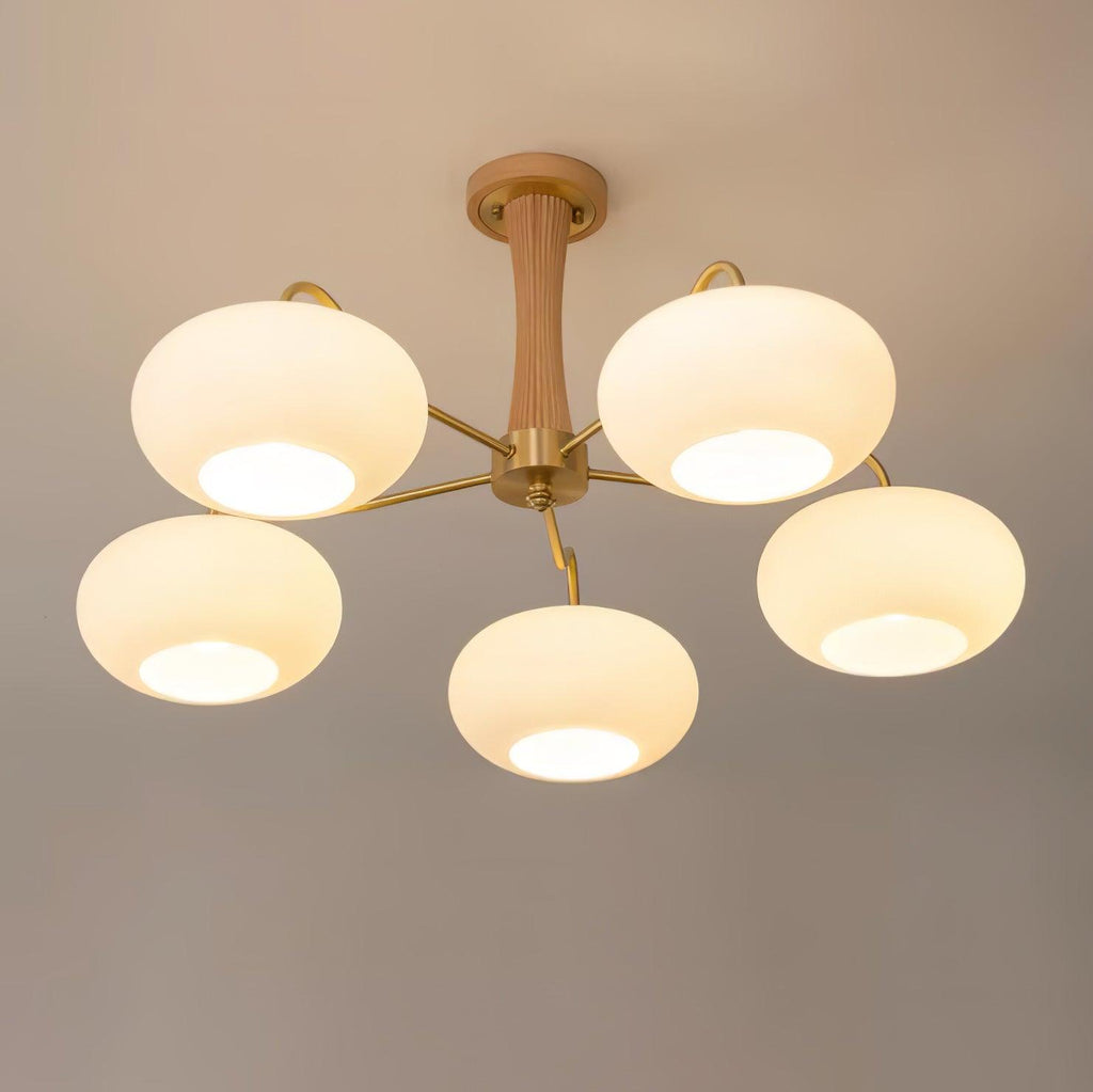 Candy Chandelier in Brass, Wood, and Persimmon Glass