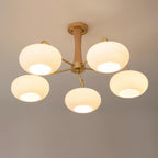 Candy Chandelier in Brass, Wood, and Persimmon Glass