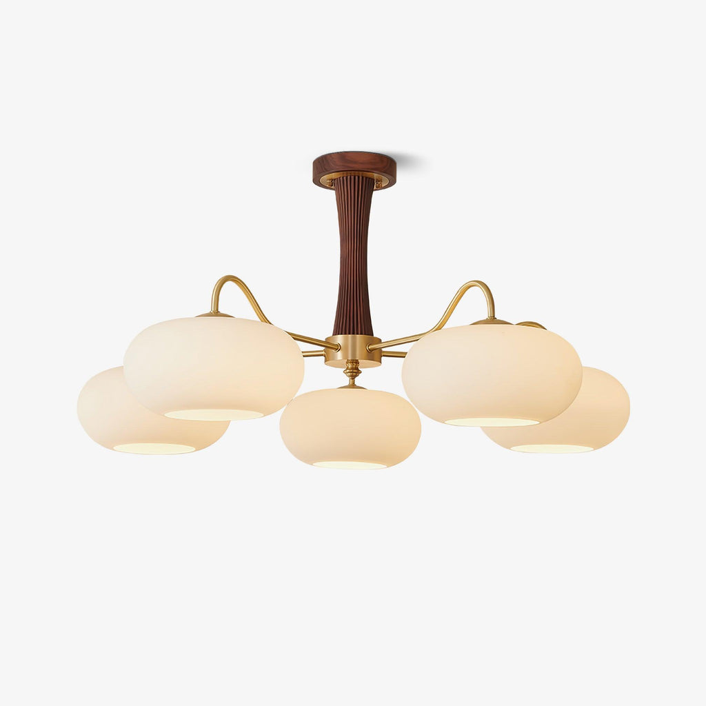 Candy Chandelier in Brass, Wood, and Persimmon Glass