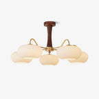 Candy Chandelier in Brass, Wood, and Persimmon Glass