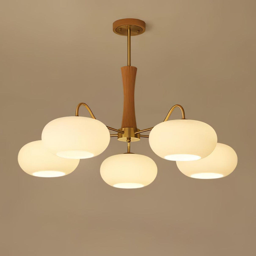 Candy Chandelier in Brass, Wood, and Persimmon Glass