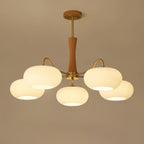 Candy Chandelier in Brass, Wood, and Persimmon Glass