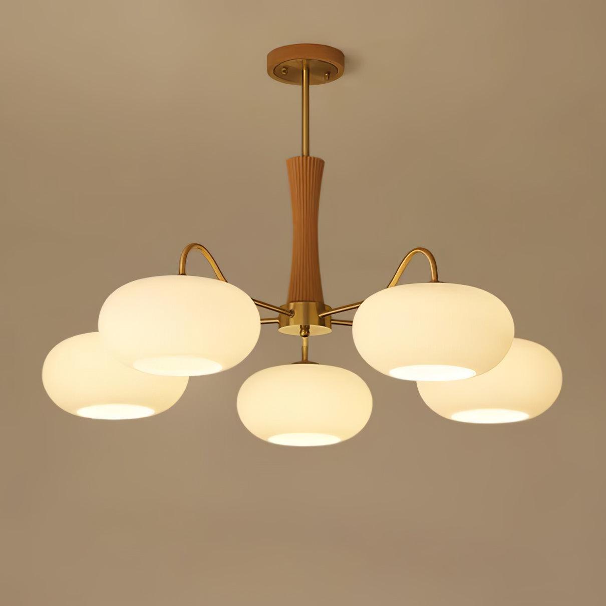 Candy Chandelier in Brass, Wood, and Persimmon Glass