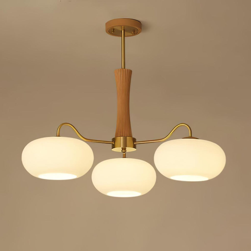 Candy Chandelier in Brass, Wood, and Persimmon Glass