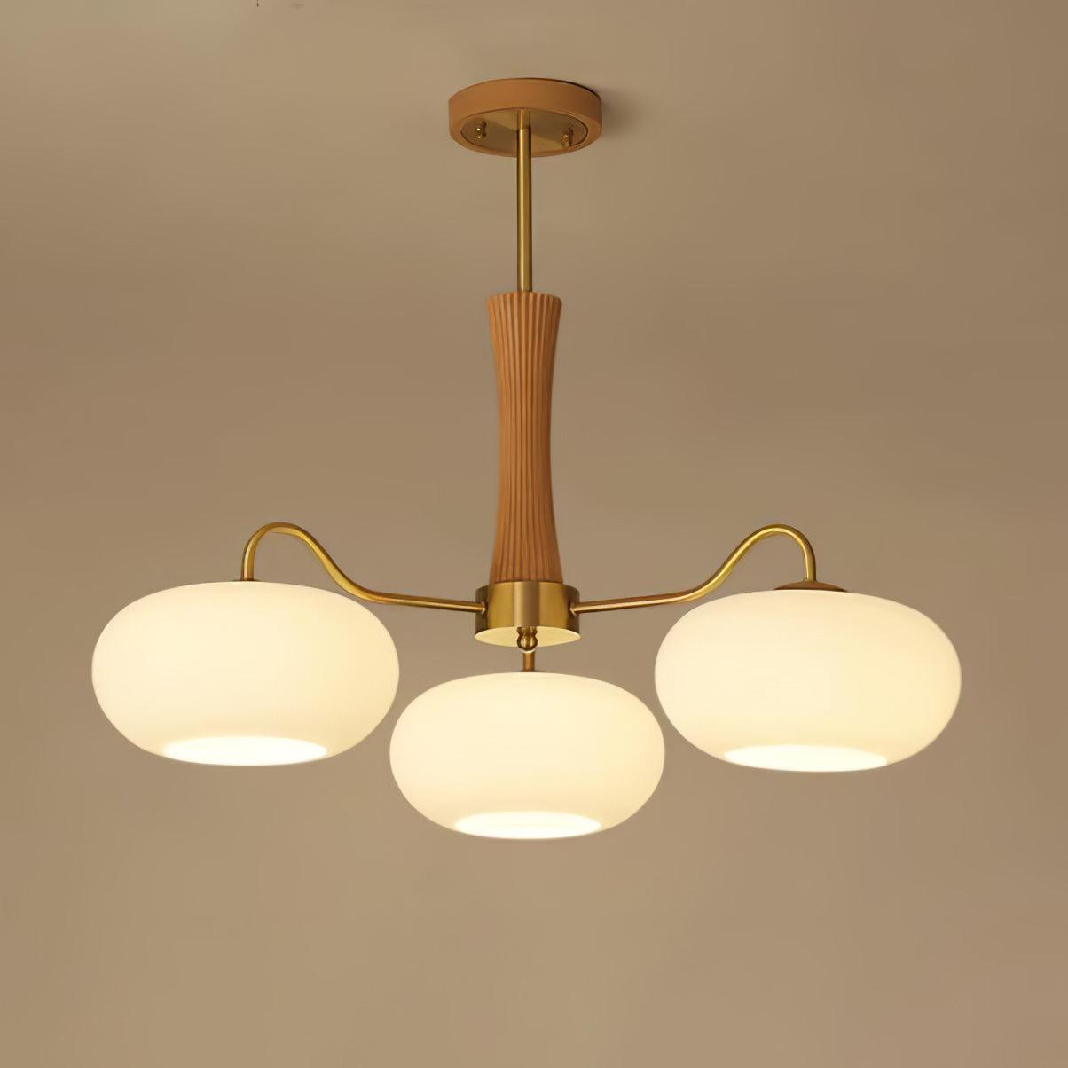Candy Chandelier in Brass, Wood, and Persimmon Glass