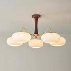 Candy Chandelier in Brass, Wood, and Persimmon Glass