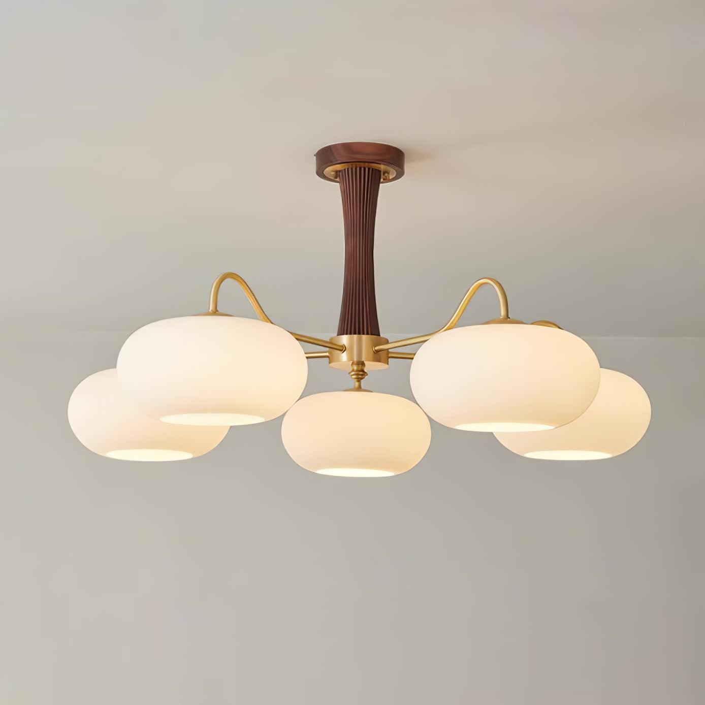 Candy Chandelier in Brass, Wood, and Persimmon Glass