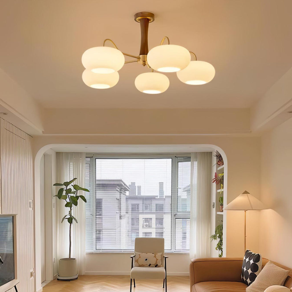 Candy Chandelier in Brass, Wood, and Persimmon Glass