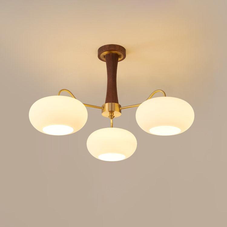 Candy Chandelier in Brass, Wood, and Persimmon Glass