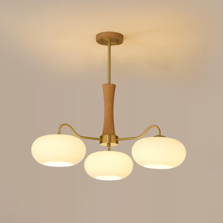 Candy Chandelier in Brass, Wood, and Persimmon Glass
