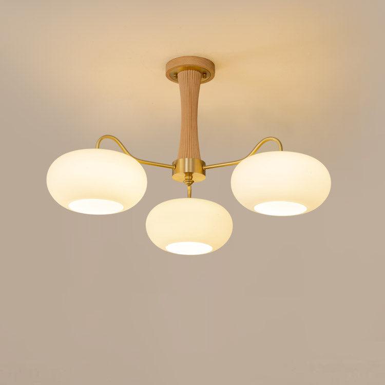 Candy Chandelier in Brass, Wood, and Persimmon Glass