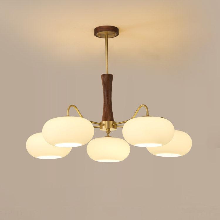 Candy Chandelier in Brass, Wood, and Persimmon Glass