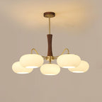 Candy Chandelier in Brass, Wood, and Persimmon Glass