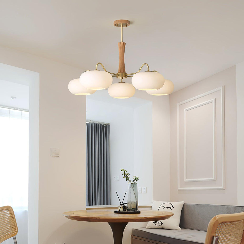 Candy Chandelier in Brass, Wood, and Persimmon Glass