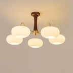 Candy Chandelier in Brass, Wood, and Persimmon Glass
