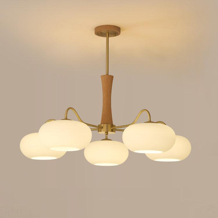 Candy Chandelier in Brass, Wood, and Persimmon Glass