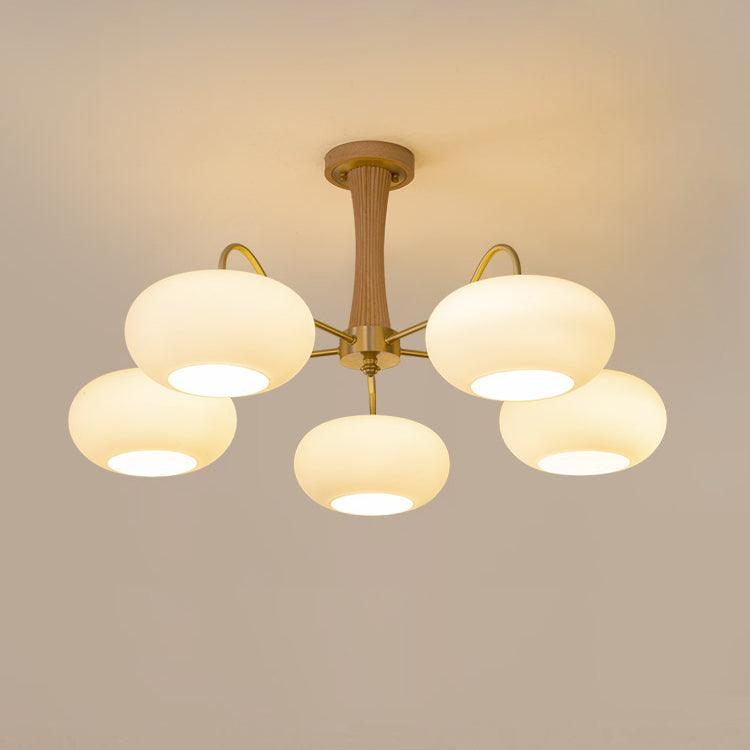 Candy Chandelier in Brass, Wood, and Persimmon Glass