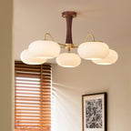 Candy Chandelier in Brass, Wood, and Persimmon Glass