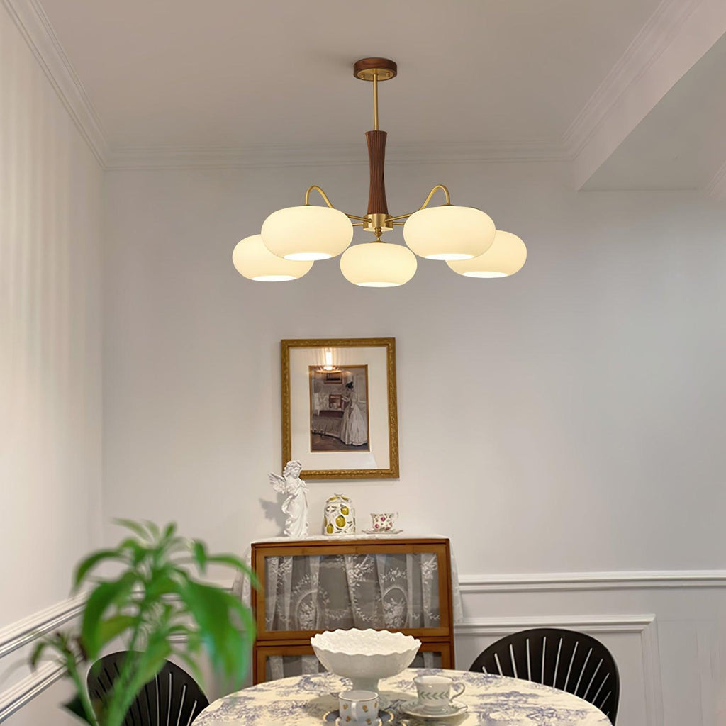 Candy Chandelier in Brass, Wood, and Persimmon Glass