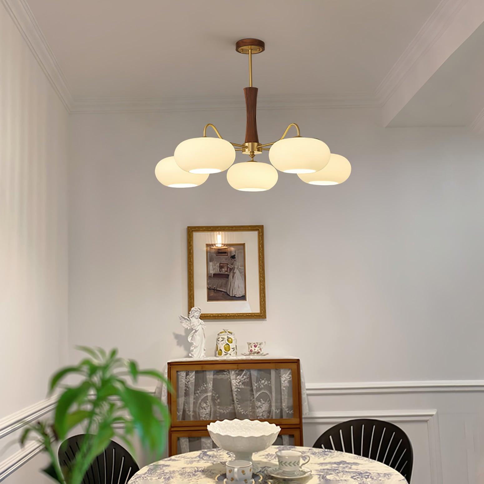 Candy Chandelier in Brass, Wood, and Persimmon Glass