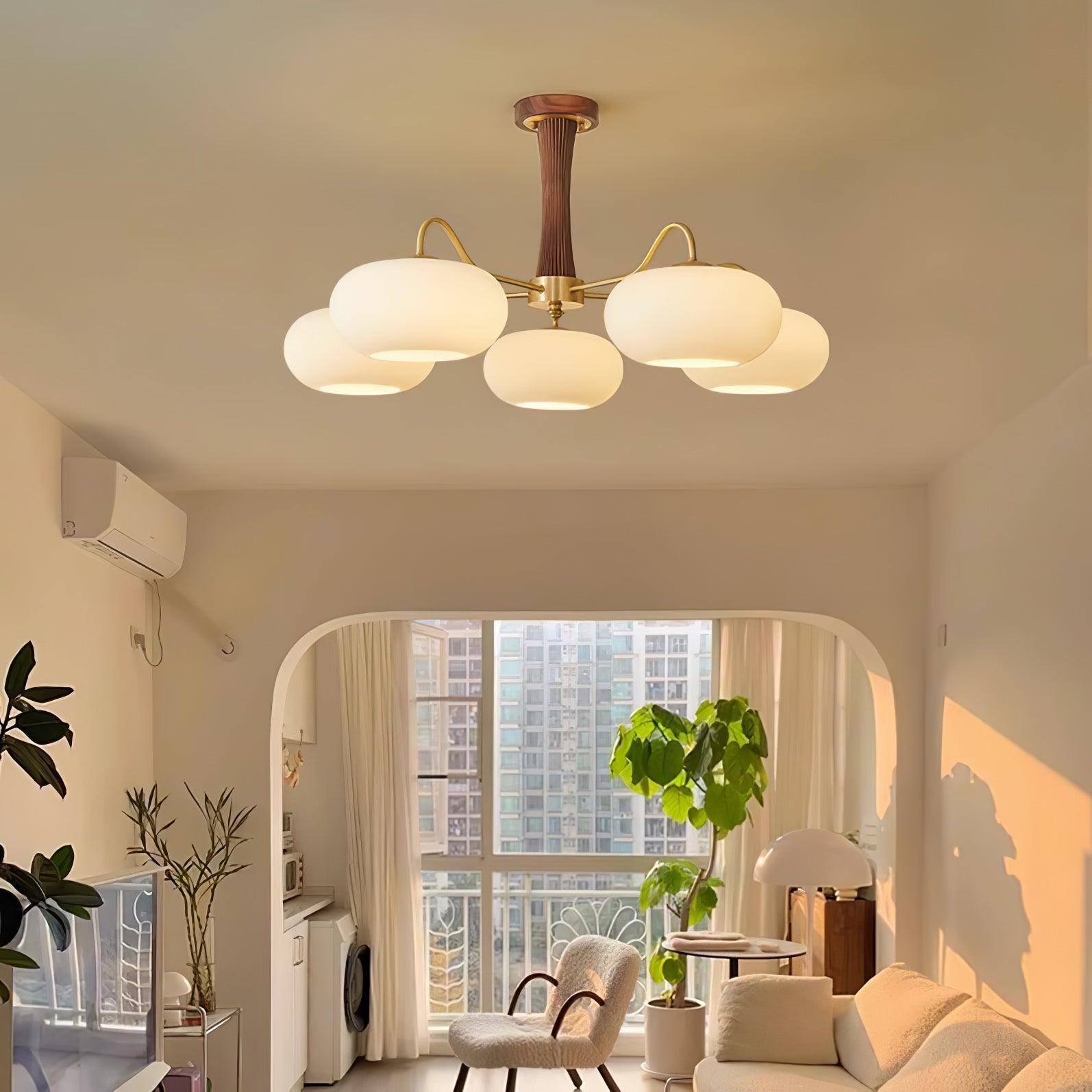 Candy Chandelier in Brass, Wood, and Persimmon Glass