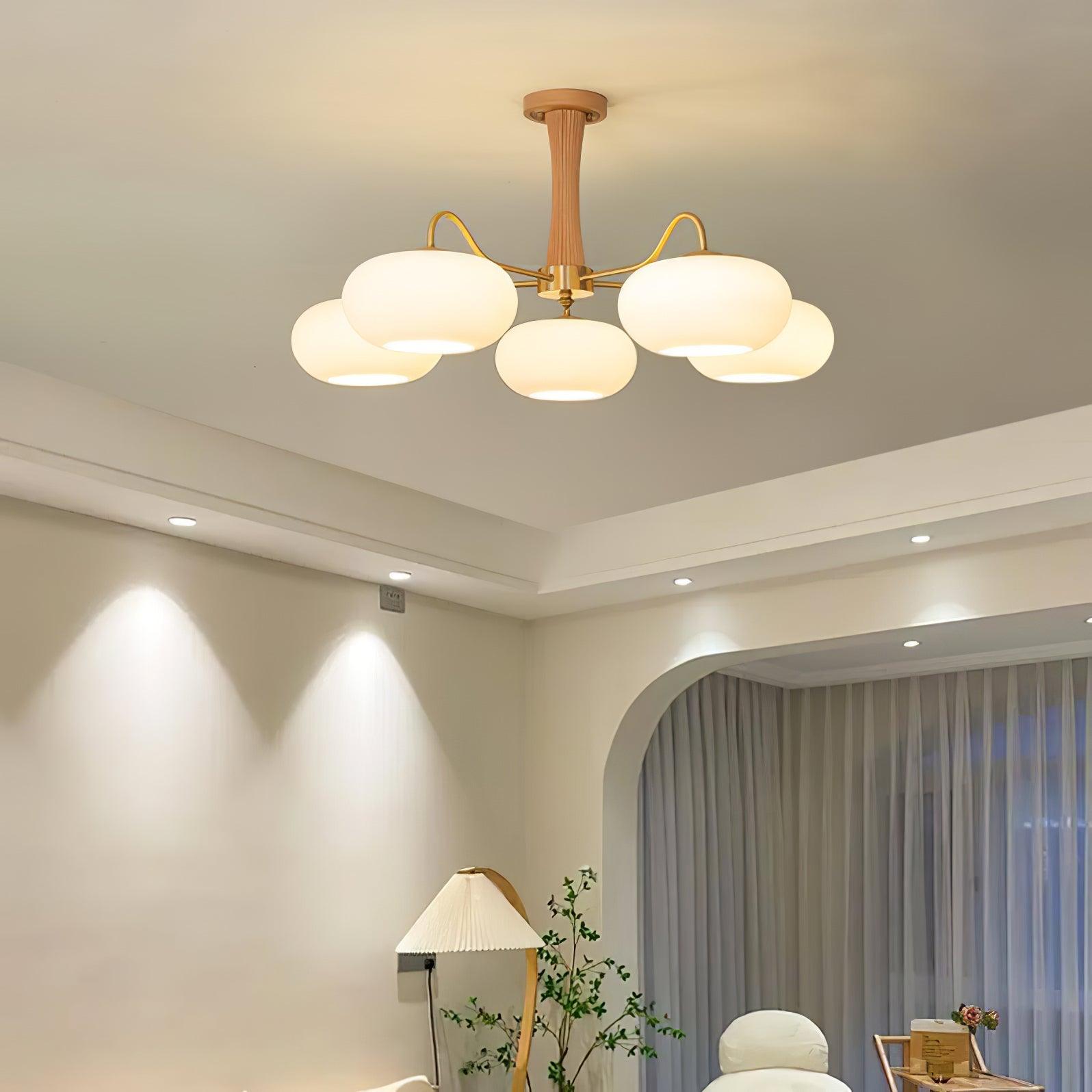 Candy Chandelier in Brass, Wood, and Persimmon Glass