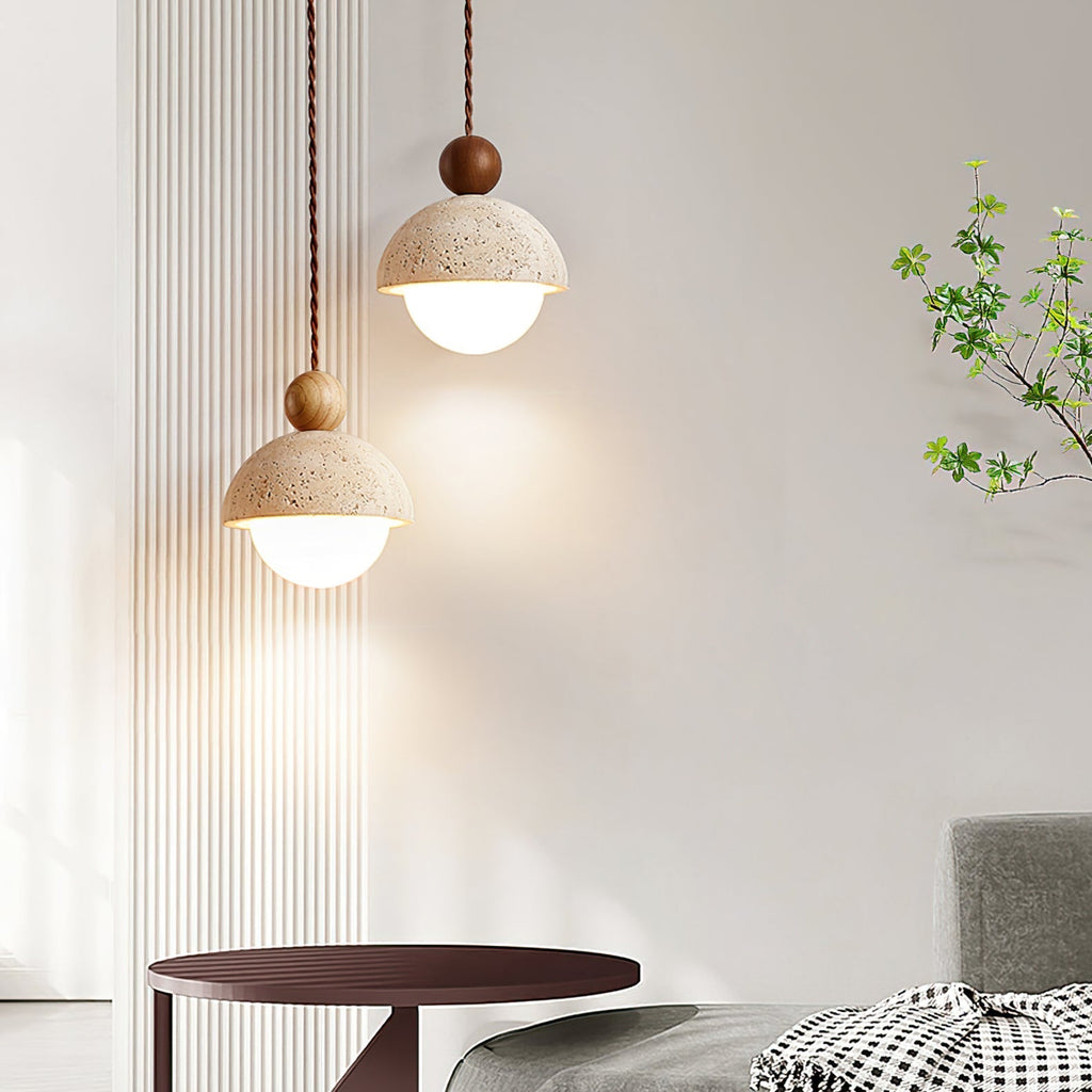 Vaire Travertine & Glass Dome Pendant Light