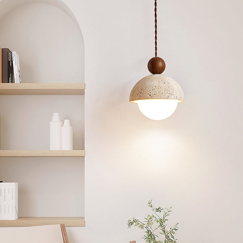 Vaire Travertine & Glass Dome Pendant Light