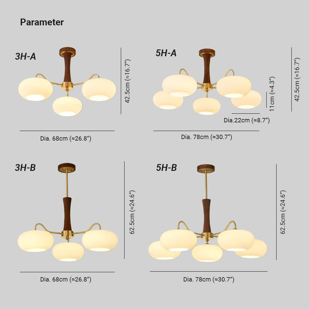 Candy Chandelier in Brass, Wood, and Persimmon Glass
