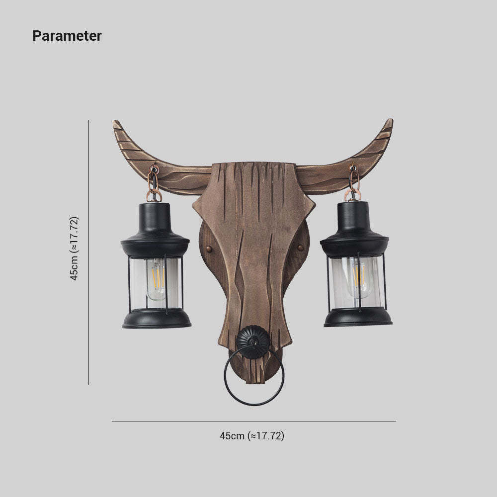 Austin Vintage Bull‑Shaped 2‑Light Wall Sconce, Wood & Metal Bedroom Lamp