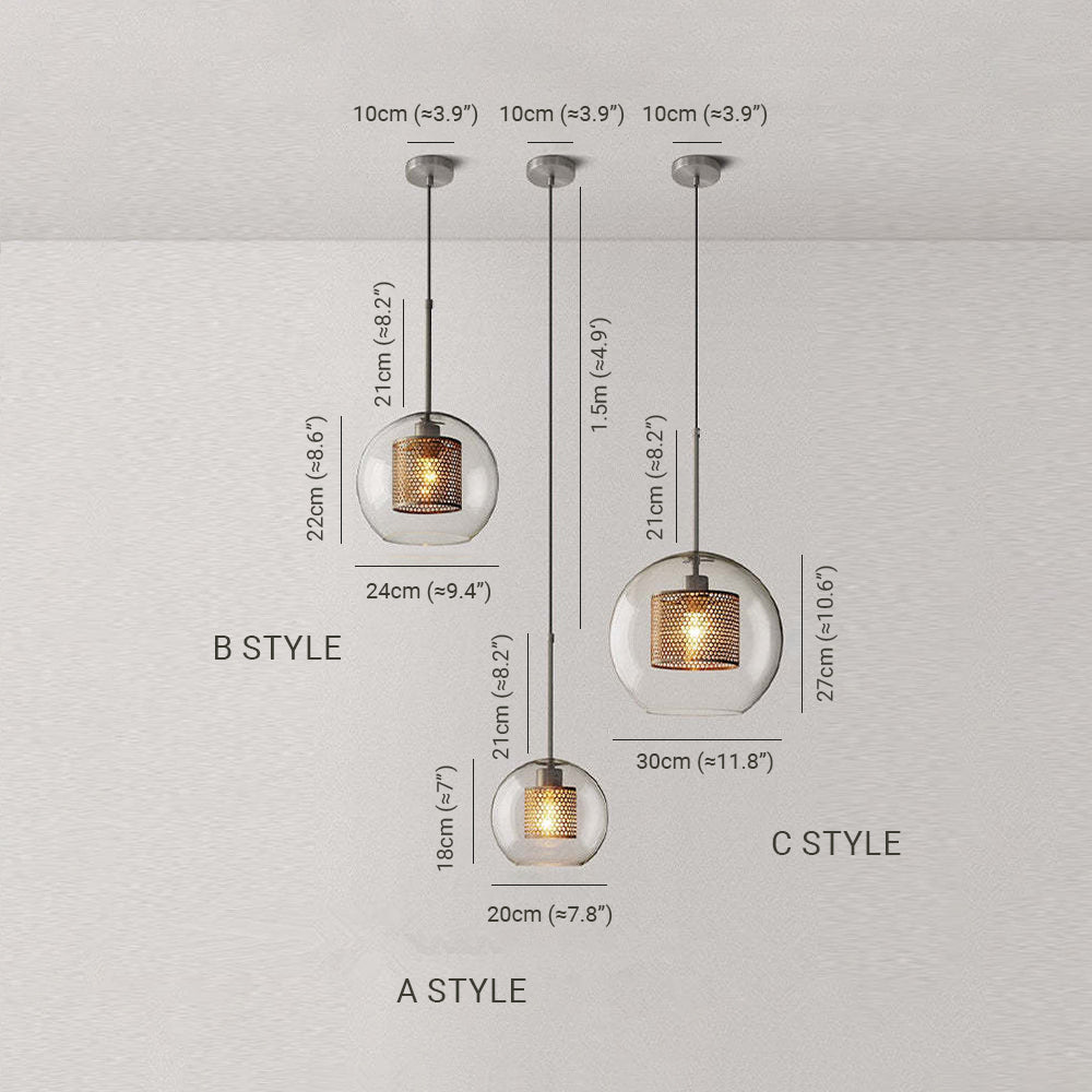 Hessa Contemporary Gold Glass Pendant Light with Globe or Cylinder Shade