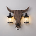 Austin Vintage Bull‑Shaped 2‑Light Wall Sconce, Wood & Metal Bedroom Lamp