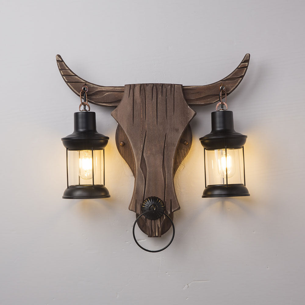Austin Vintage Bull‑Shaped 2‑Light Wall Sconce, Wood & Metal Bedroom Lamp